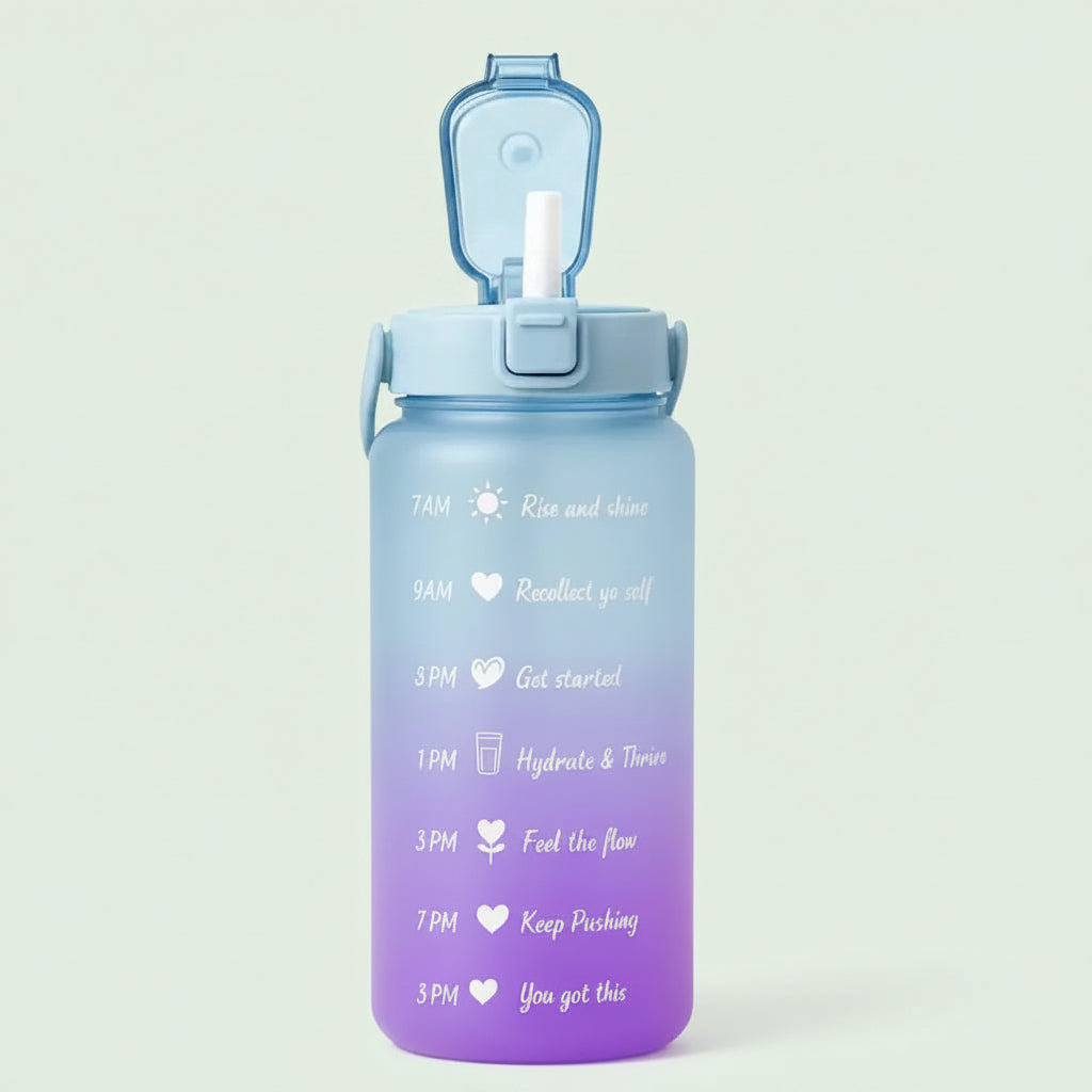 2 Liter Motivation Trinkflasche mit Strohhalm blau lila