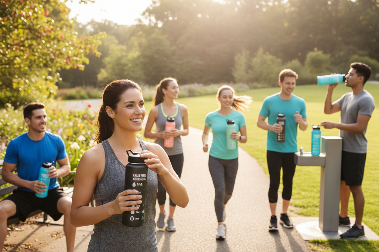 Outdoor-Szene mit Menschen und motivierenden Trinkflaschen