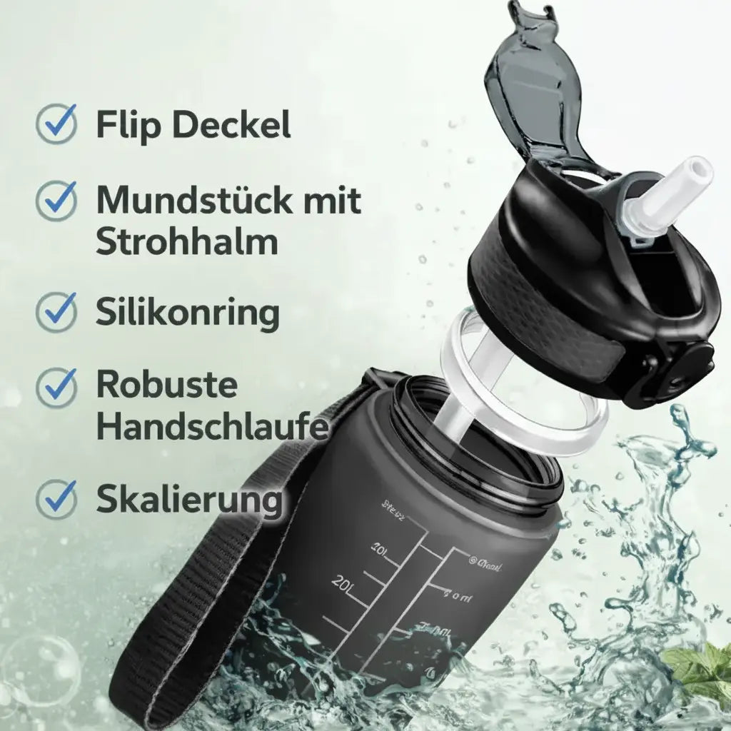 Sport-Trinkflasche 1 Liter mit Motivationsskala inkl. Shaker-Ball & Strohhalm Botells