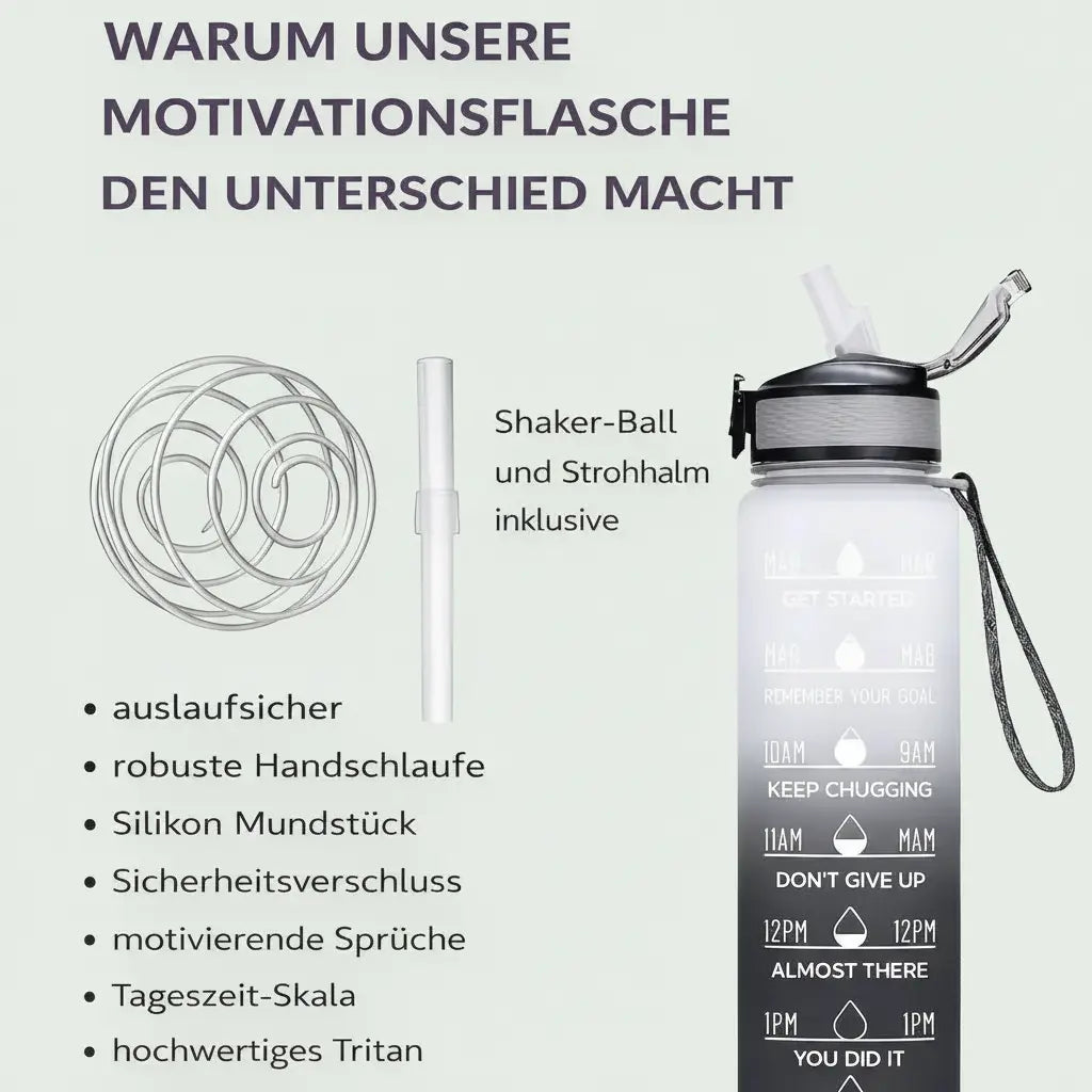 Sport-Trinkflasche 1 Liter mit Motivationsskala inkl. Shaker-Ball & Strohhalm Botells
