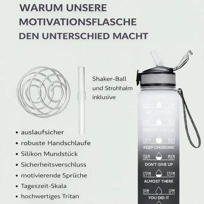 Sport-Trinkflasche 1 Liter mit Motivationsskala inkl. Shaker-Ball & Strohhalm Botells