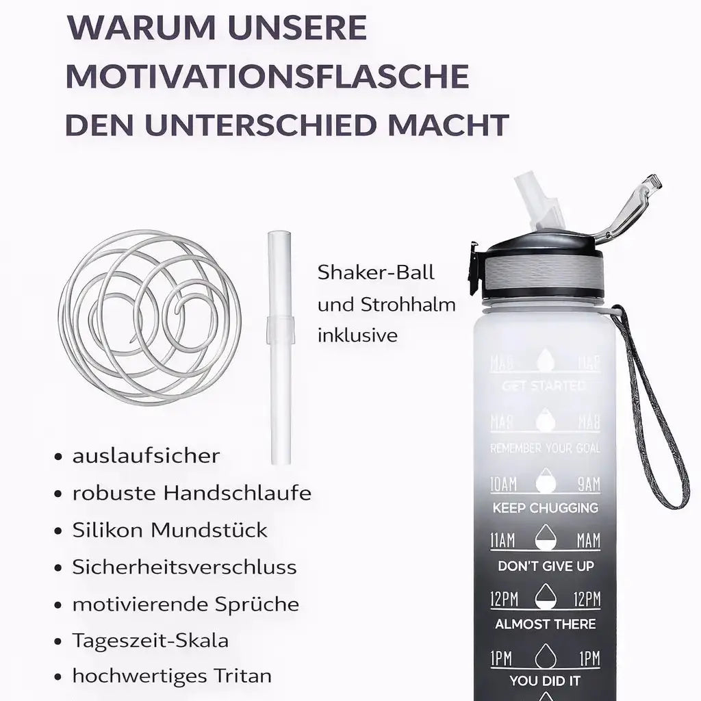 Sport-Trinkflasche 1 Liter mit Motivationsskala inkl. Shaker-Ball & Strohhalm Botells