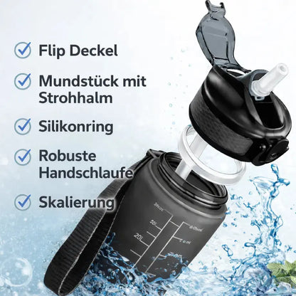 Sport-Trinkflasche 1 Liter mit Motivationsskala inkl. Shaker-Ball & Strohhalm Botells