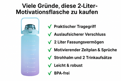 2 Liter Trinkflasche, Trinkmotivation mit Strohhalm, 2 Adapter, schöner Farbverlauf