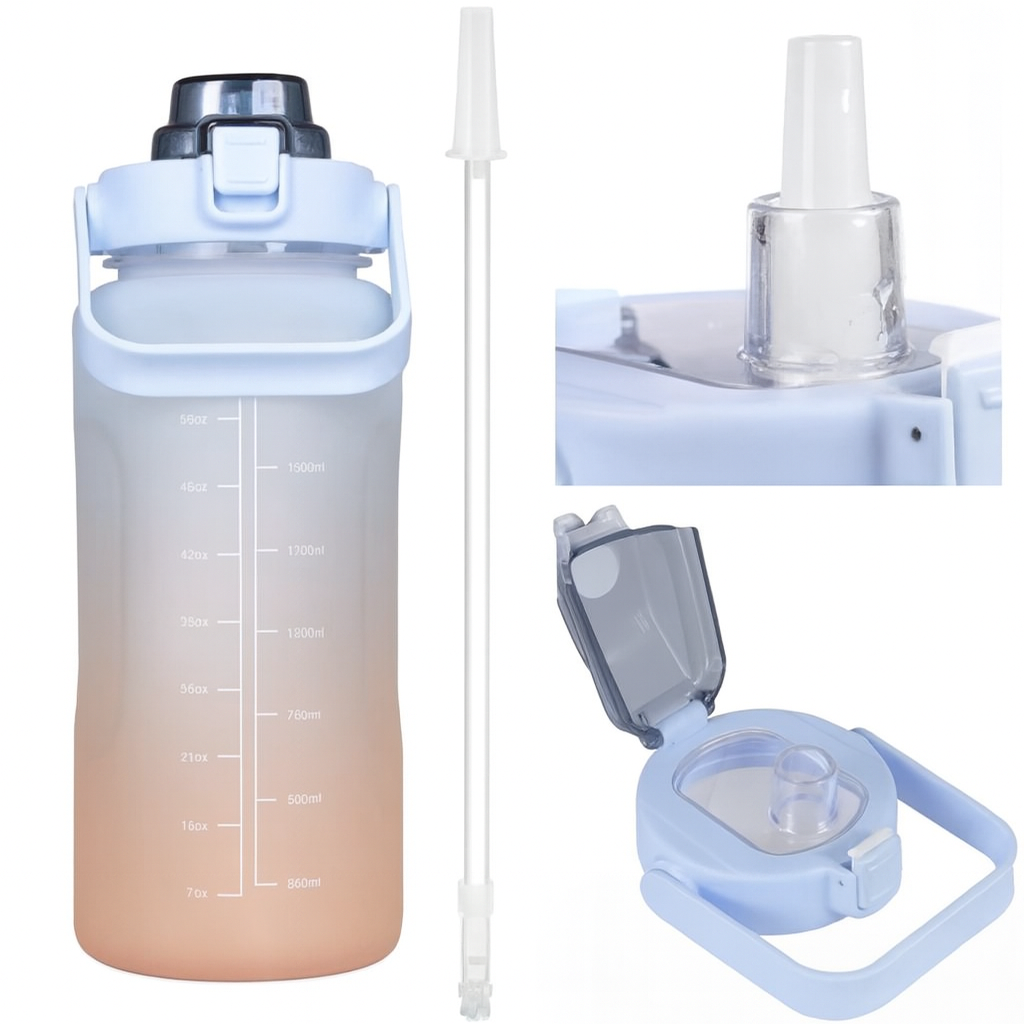 2 Liter Trinkflasche, Trinkmotivation mit Strohhalm, 2 Adapter, schöner Farbverlauf