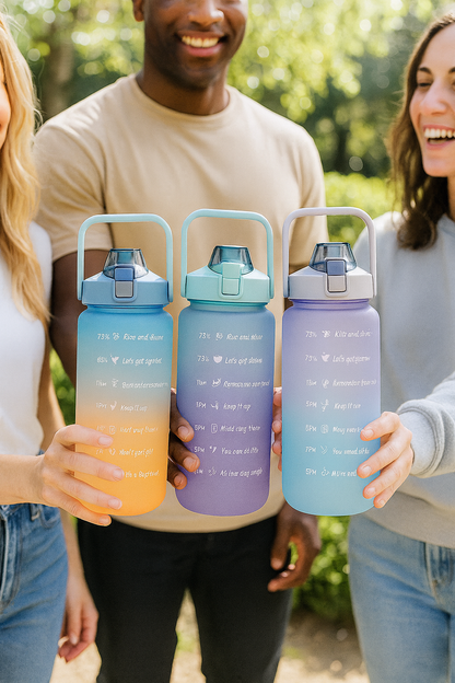 2 Liter Trinkflasche, Trinkmotivation mit Strohhalm, 2 Adapter, schöner Farbverlauf