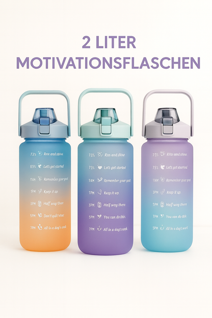 2 Liter Trinkflasche, Trinkmotivation mit Strohhalm, 2 Adapter, schöner Farbverlauf