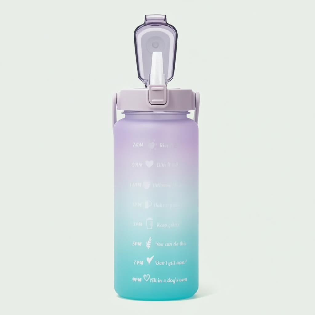 2 Liter Trinkflasche Motivation mit Strohhalm lila blau