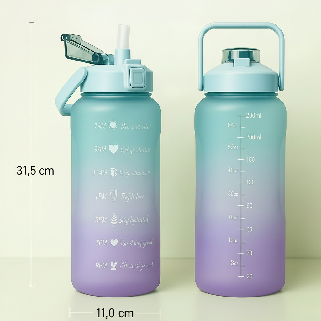 Trinkflasche 2 Liter mit Trinkmotivation inkl. Strohhalm - BPA-frei Botells