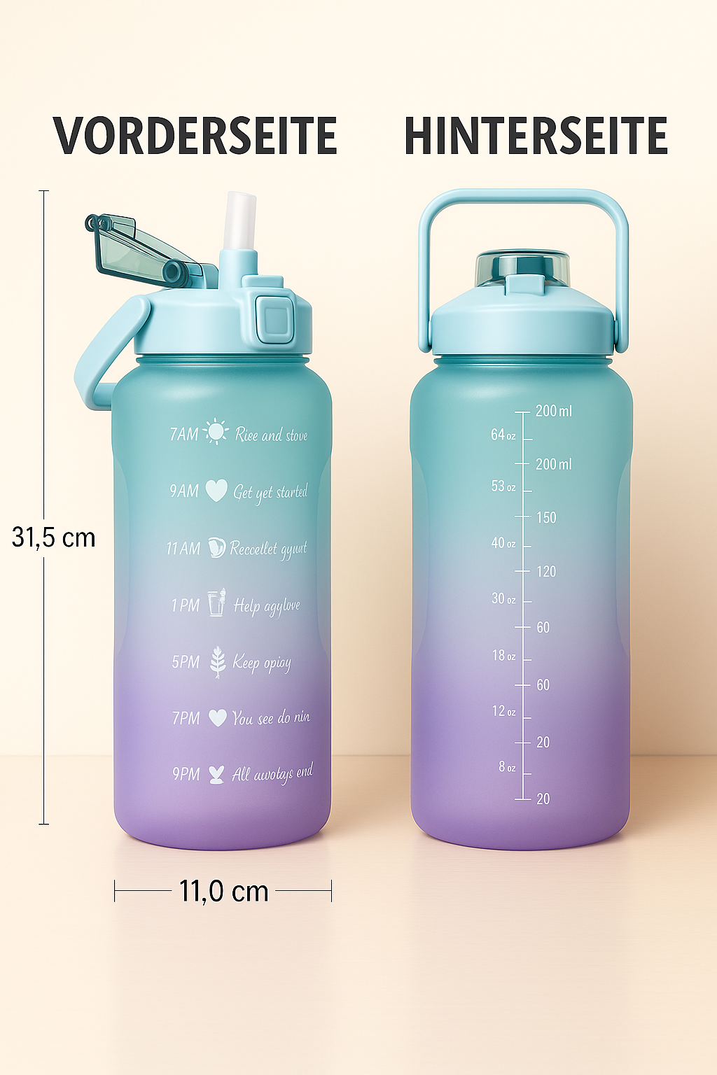 2 Liter Trinkflasche, Trinkmotivation mit Strohhalm, 2 Adapter, schöner Farbverlauf