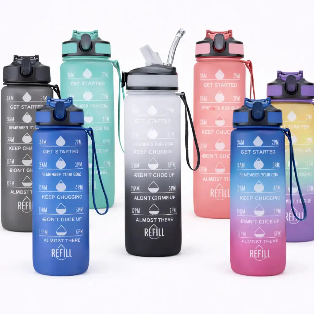 Sport-Trinkflasche 1 Liter mit Motivationsskala inkl. Shaker-Ball & Strohhalm Botells