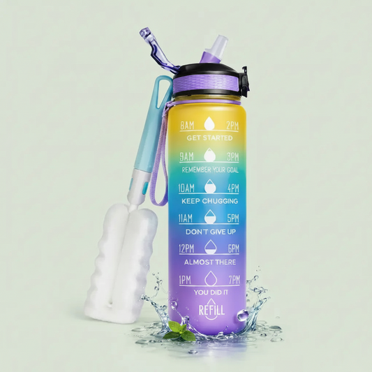 Motivationsflasche_1Liter_Reinigungsbürste_gelb_Blau_Lila 