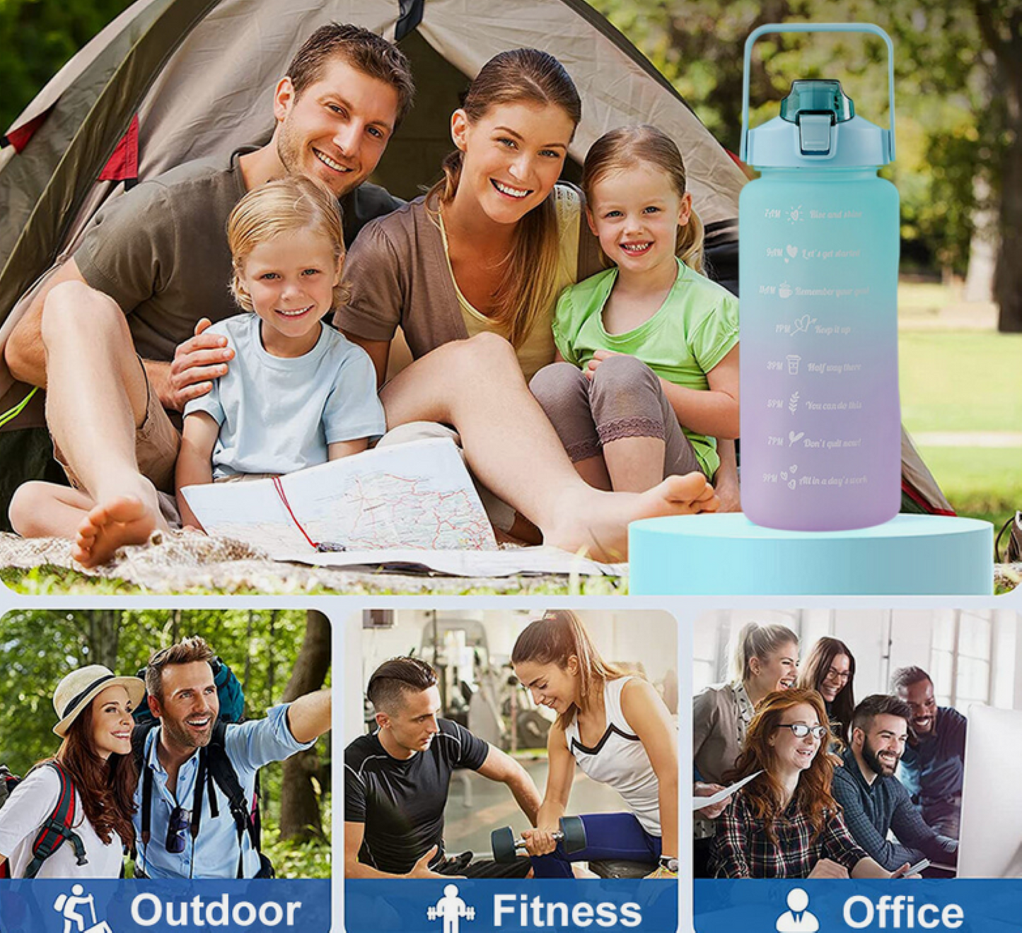 2 Liter Trinkflasche, Trinkmotivation mit Strohhalm, 2 Adapter, schöner Farbverlauf