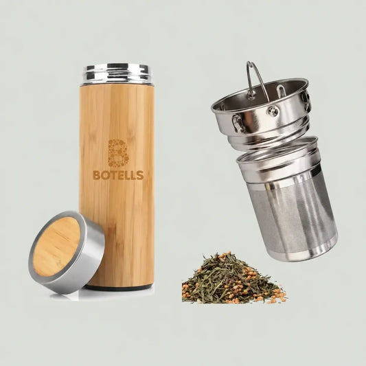 Thermosflasche Bambus & Edelstahl, 500 ml, Teesieb, auslaufsicher