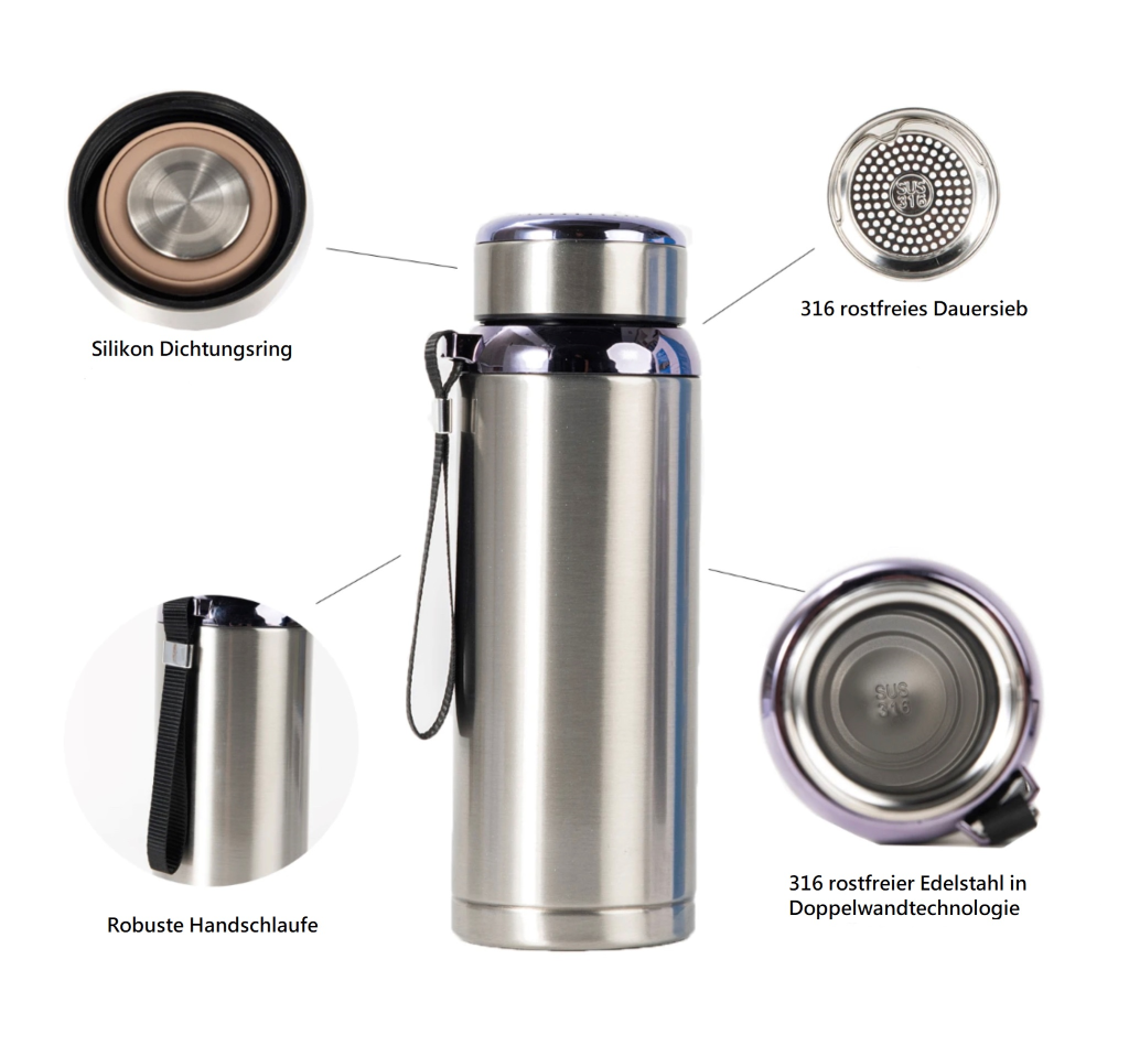 Thermoflasche Isolierflasche Edelstahl 0,8 l, stundenlang heiße & kalte Getränke