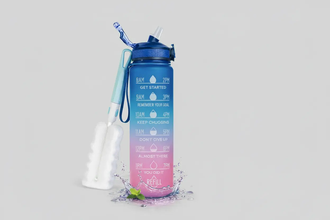 Sport Trinkflasche 1 Liter + Reinigungsbürste Blau/ Pink